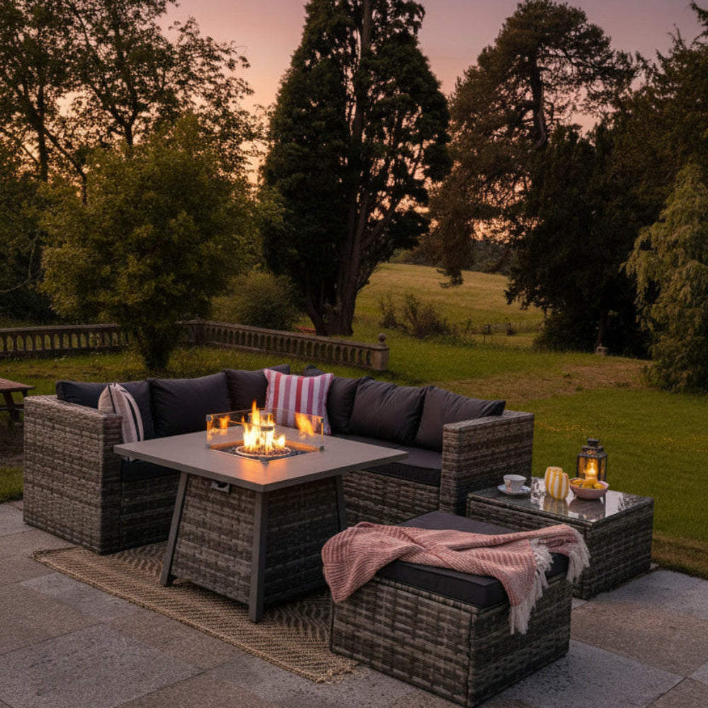 Vancouver 6 Seater Rattan Garden Corner Sofa Set with Cubic Fire Pit Table and Rain cover