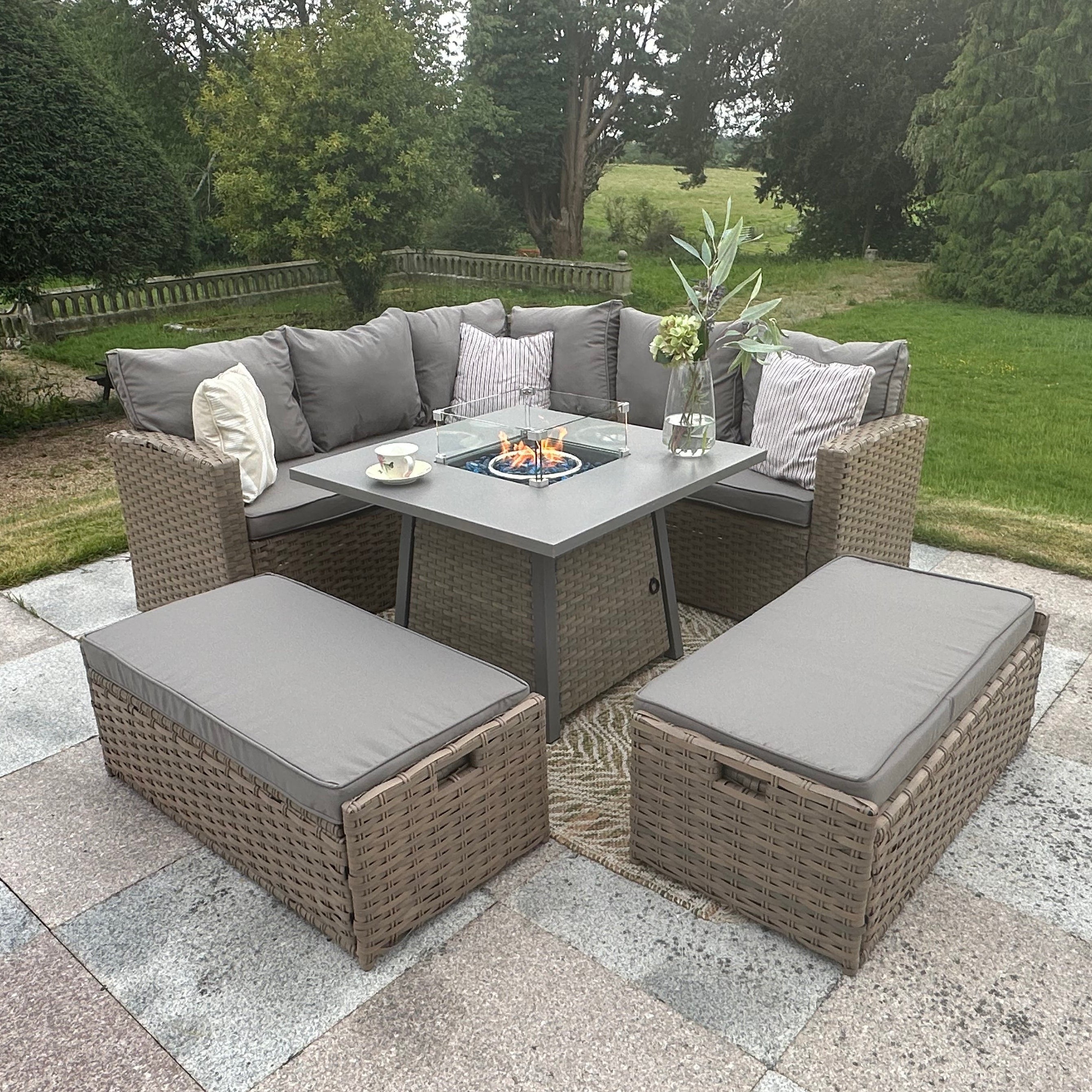 Rosen 9‑Seater Natural Rattan Corner Sofa Fire Pit Dining Set with Storage Benches & Rain Cover