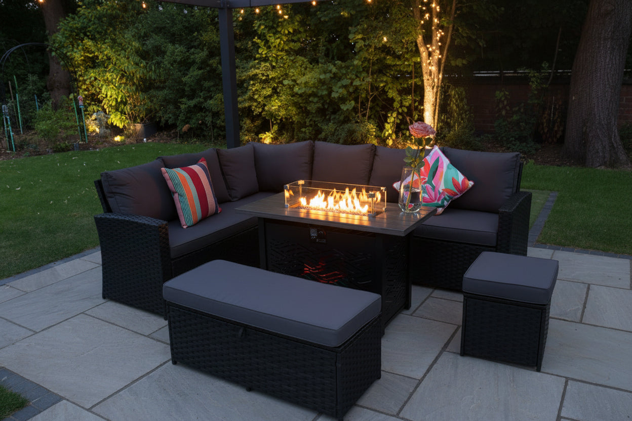 Sale Barcelona Outdoor Rattan 9-Seater Corner Dining Set With Metal Fire Pit Table