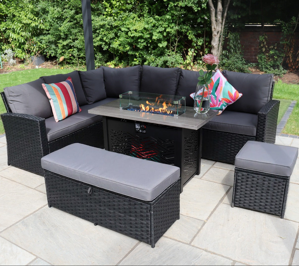 Sale Barcelona Outdoor Rattan 9-Seater Corner Dining Set With Metal Fire Pit Table