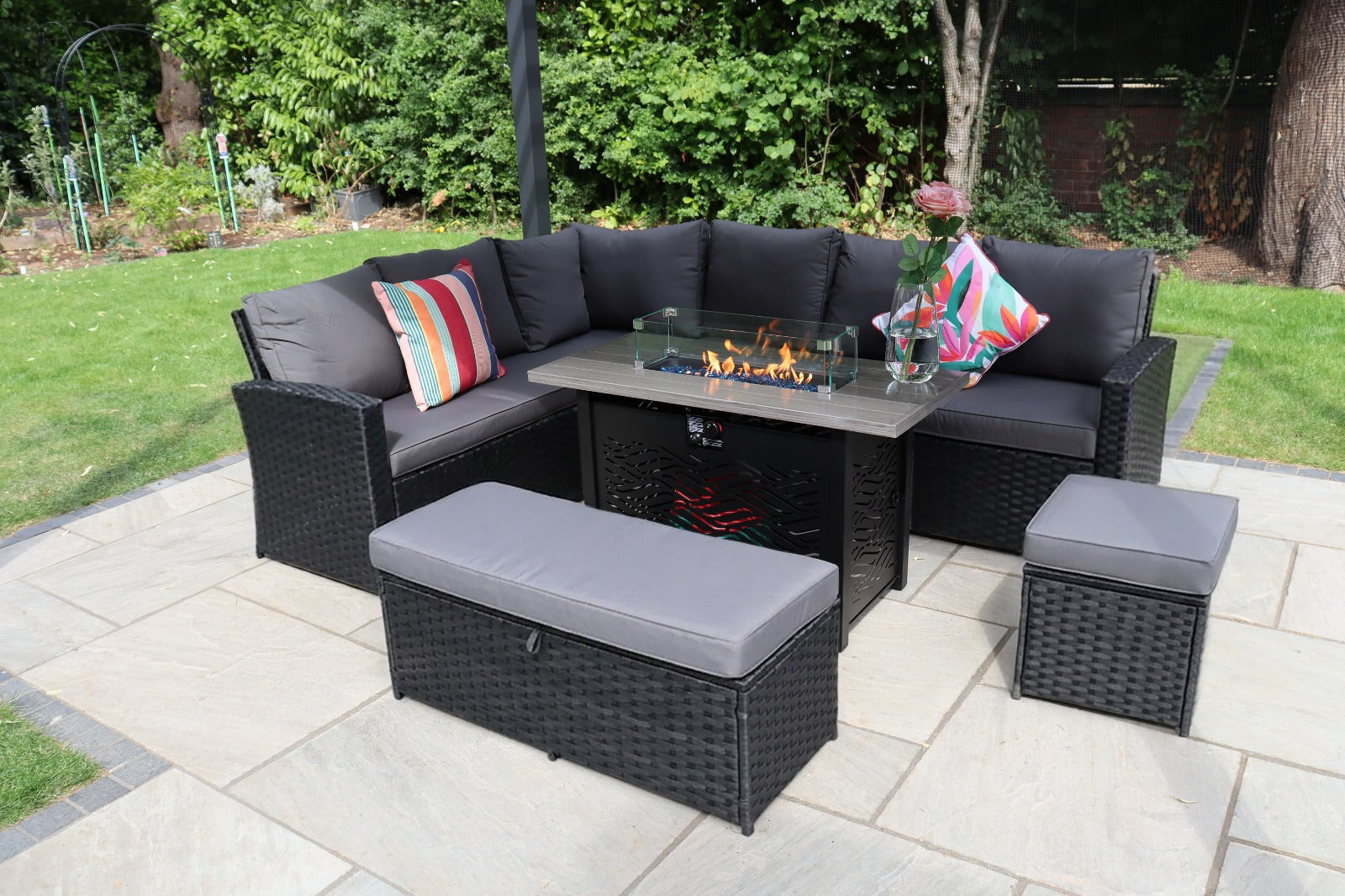 Sale Barcelona Outdoor Rattan 9-Seater Corner Dining Set With Metal Fire Pit Table