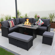 Sale Barcelona Outdoor Rattan 9-Seater Corner Dining Set With Metal Fire Pit Table