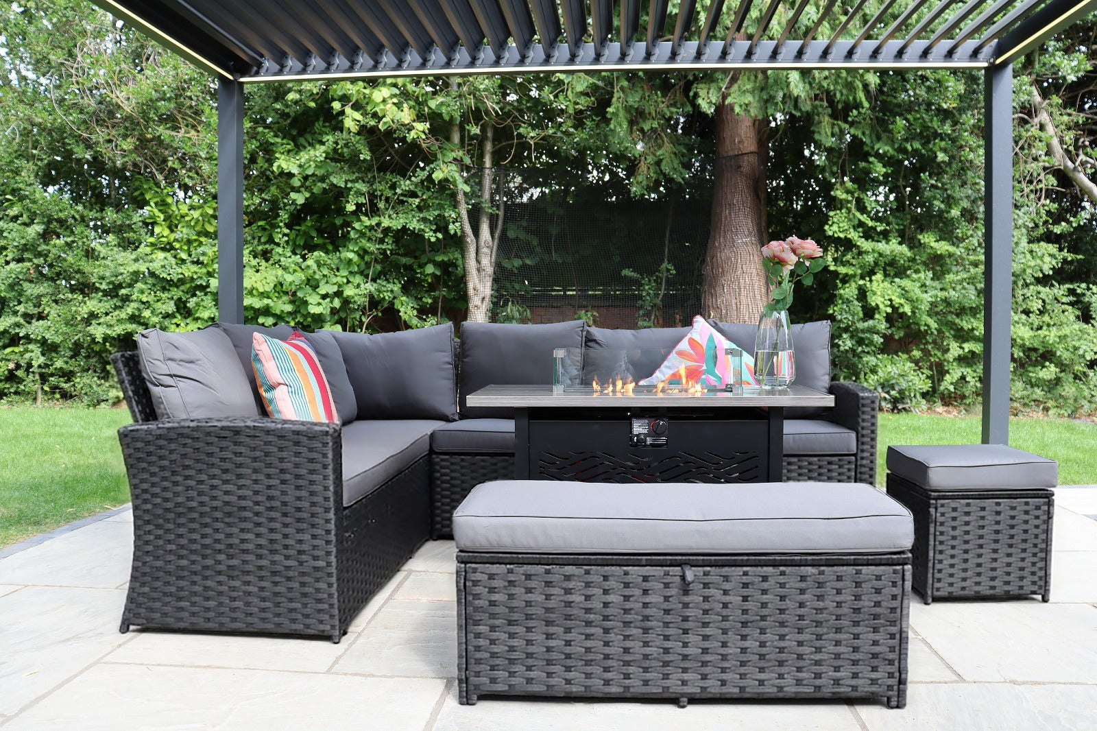 Sale Barcelona Outdoor Rattan 9-Seater Corner Dining Set With Metal Fire Pit Table