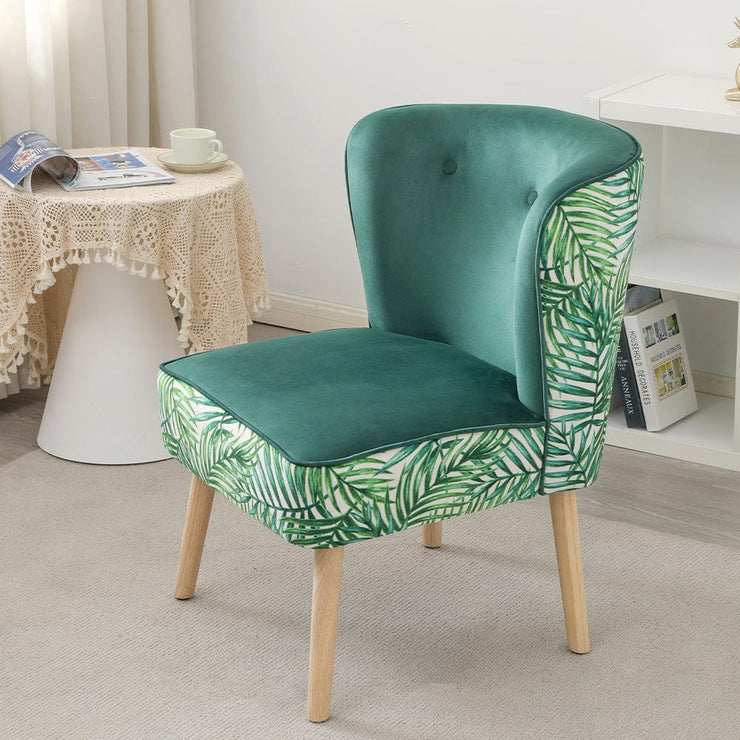 Jola Velvet Accent Chair With Wooden Leg In Green & Leaf