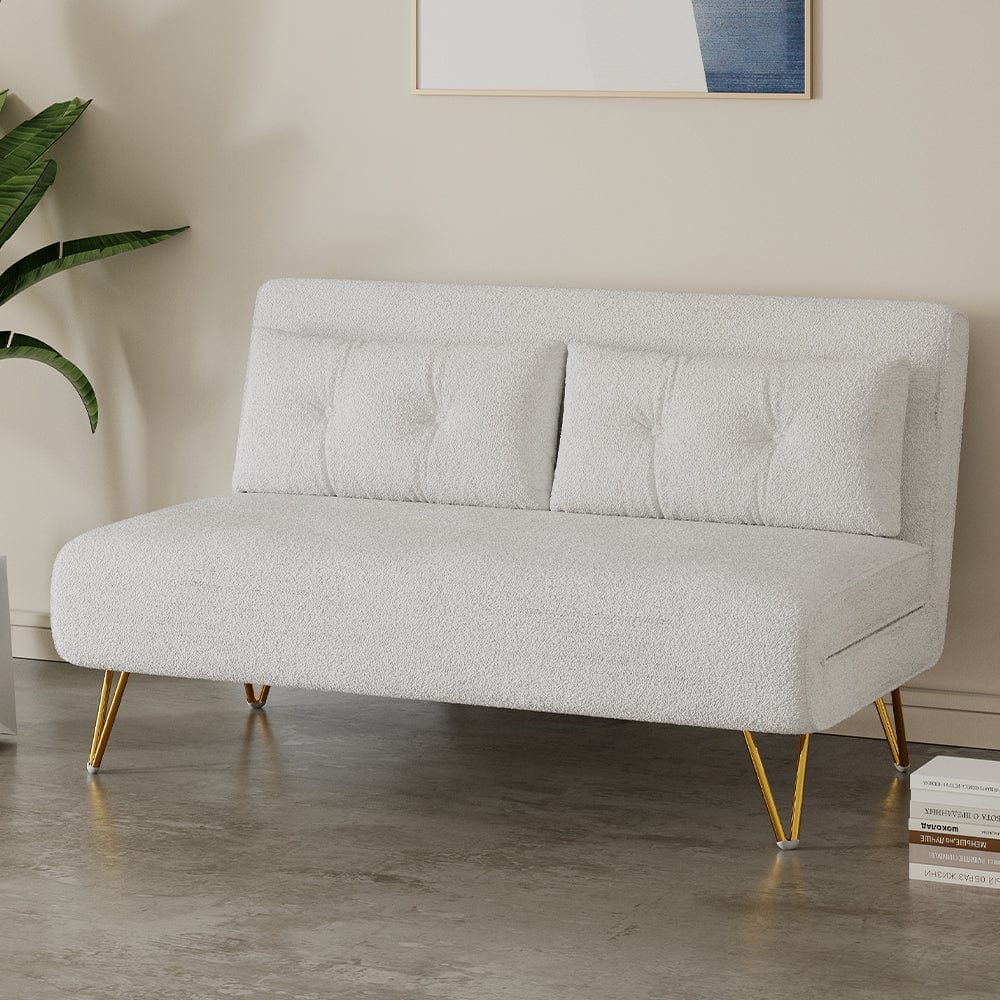 Jola White Boucle Foldable Sofa Bed With Metal Legs And Pillow