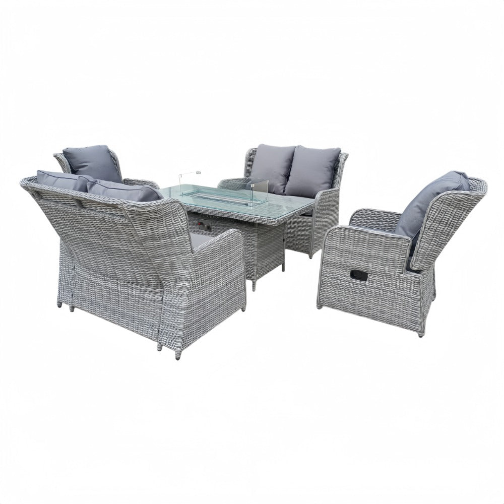 Outdoor 6 Seater Rattan Recliner Sofa Set With Firepit Table