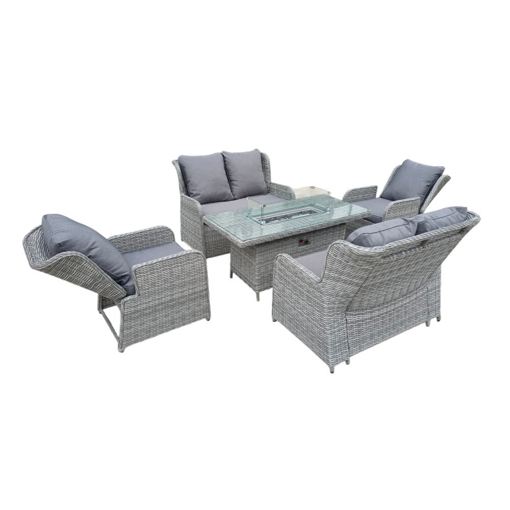 Outdoor 6 Seater Rattan Recliner Sofa Set With Firepit Table