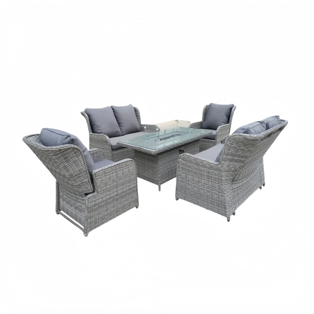 Outdoor 6 Seater Rattan Recliner Sofa Set With Firepit Table