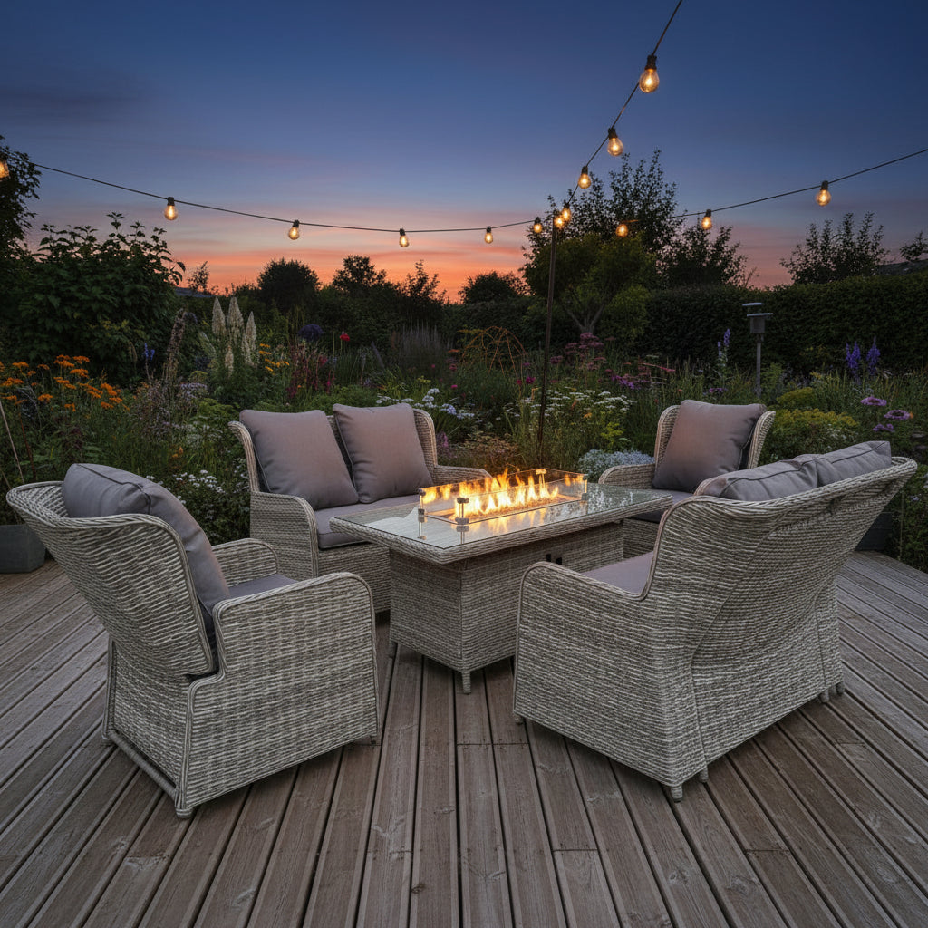 Outdoor 6 Seater Rattan Recliner Sofa Set With Firepit Table