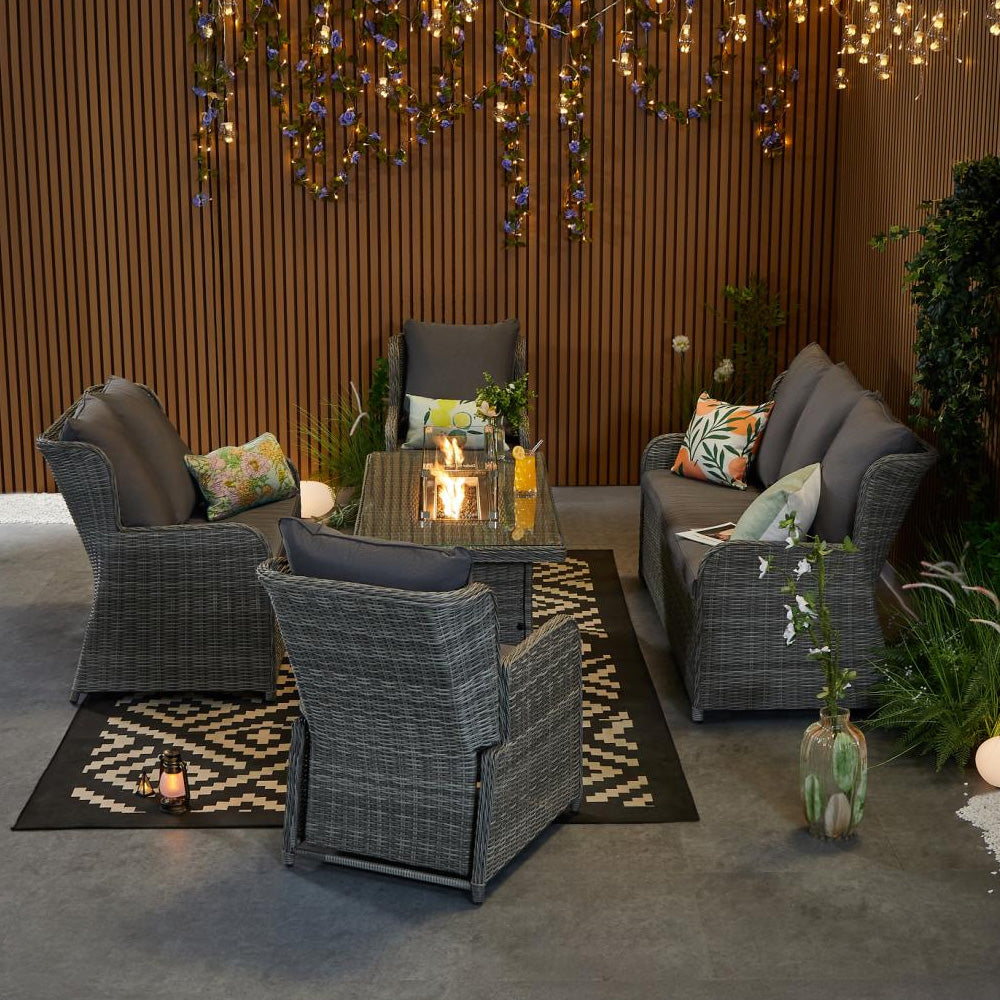 Outdoor Rattan Recliner 7 Seater Rattan Sofa Set With Firepit Table