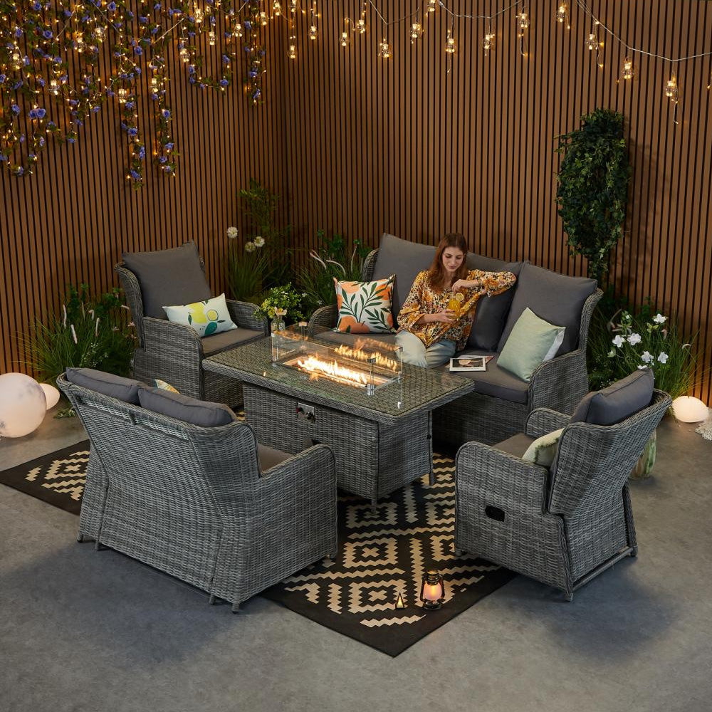 Outdoor Rattan Recliner 7 Seater Rattan Sofa Set With Firepit Table