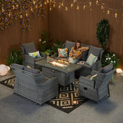Outdoor Rattan Recliner 7 Seater Rattan Sofa Set With Firepit Table