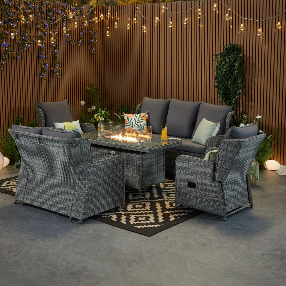 Outdoor Rattan Recliner 7 Seater Rattan Sofa Set With Firepit Table