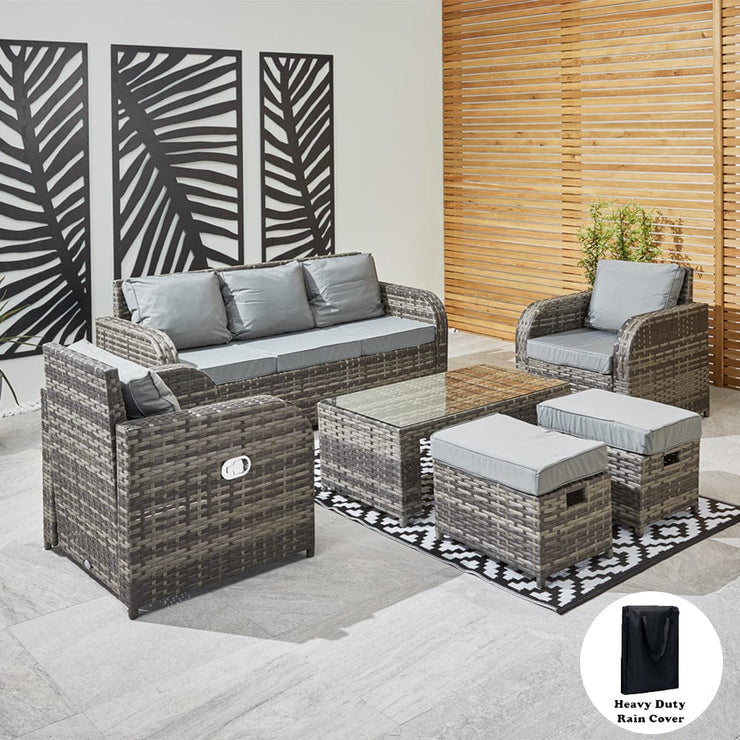 Lotus 7 Seater Rattan Garden Recliner Cube Sofa Set In Grey