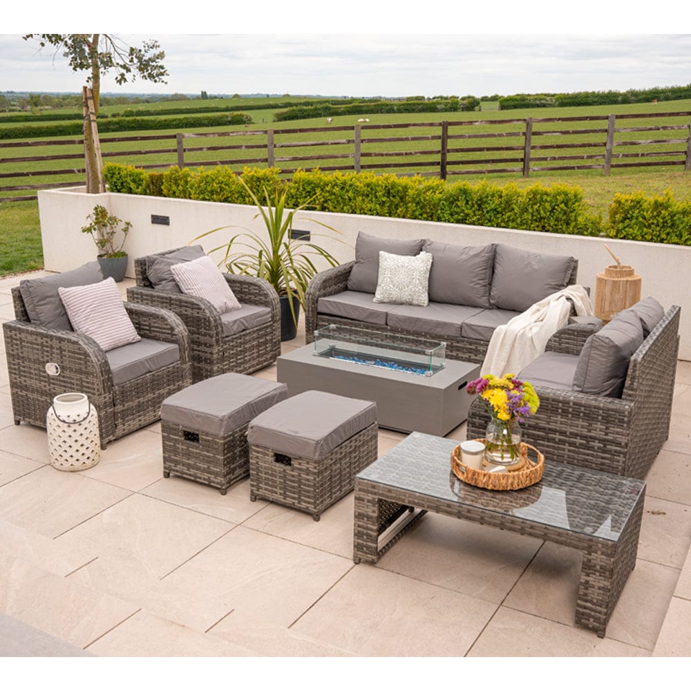 Lotus 9 Seater Rattan Garden Furniture Recliner Cube Sofa Set with Fire Pit Option