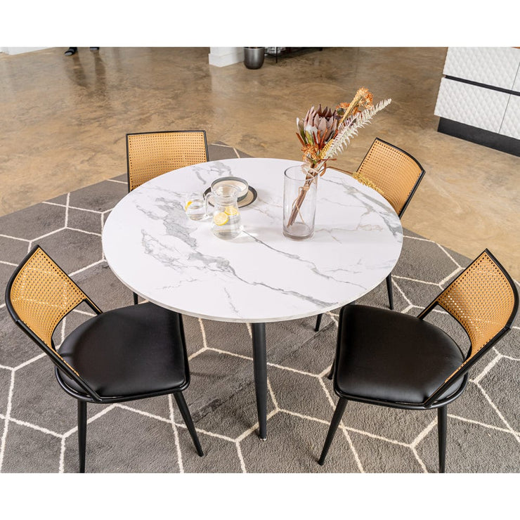 Boho Marbled Effect Dining Table Set with 4 PE Rattan Chairs