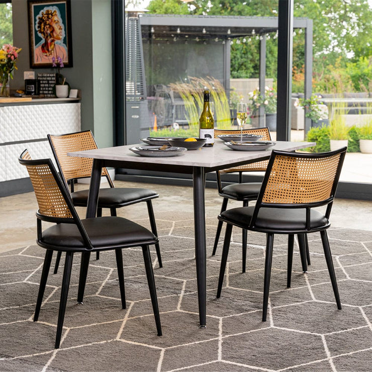 Boho Marbled Effect Dining Table Set with 4 PE Rattan Chairs