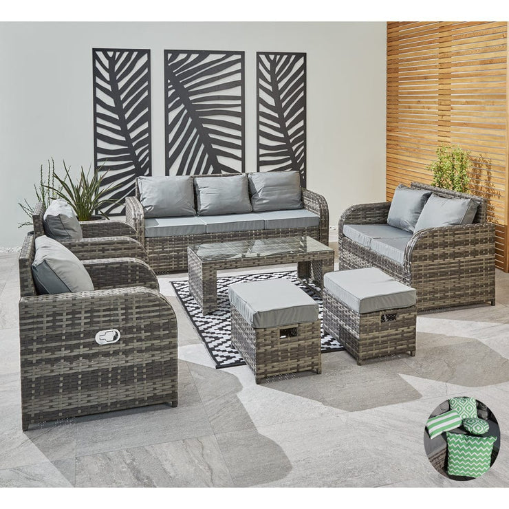 Lotus 9 Seater Rattan Garden Furniture Recliner Cube Sofa Set In Grey