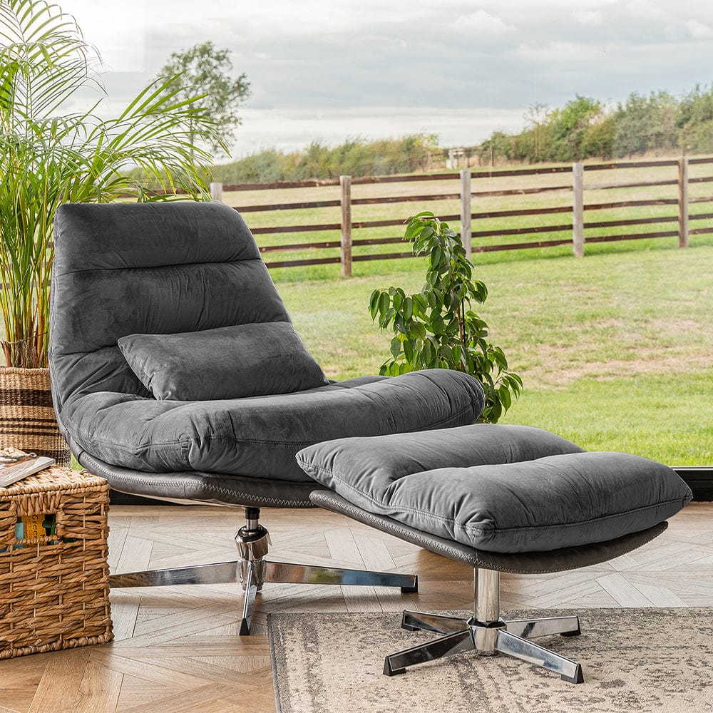 Manu Swivel Chair With Footstool And Pillow In Grey