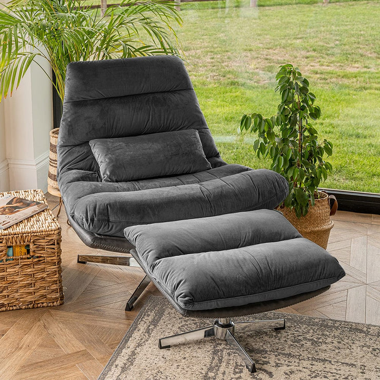 Manu Swivel Chair With Footstool And Pillow In Grey