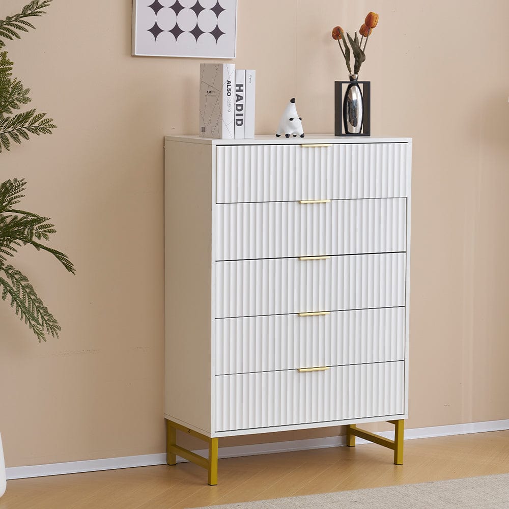 Mercury Ridged 5 Drawers Chset Storage Cabinet In White