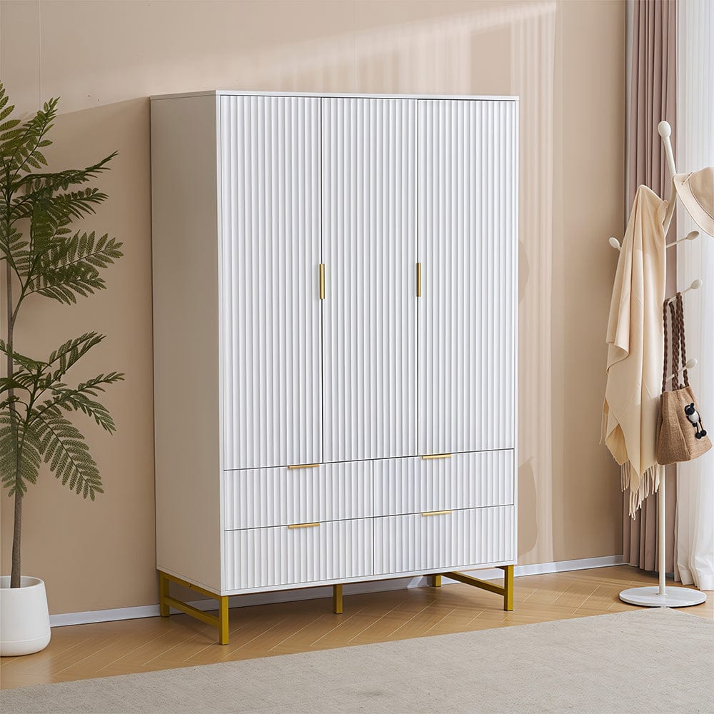 Mercury Ridged 3 Doors 4 Drawers Wardrobe In White