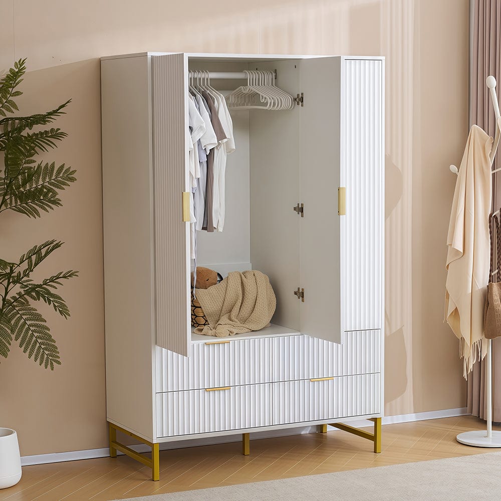 Mercury Ridged 3 Doors 4 Drawers Wardrobe In White
