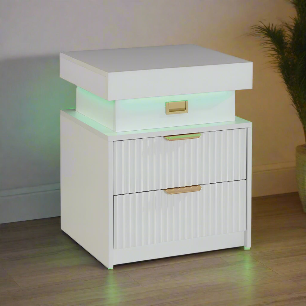 Mercury Ridged Beside Storage Cabinet Bedside Table with Light Strip and Rechargeable Plug