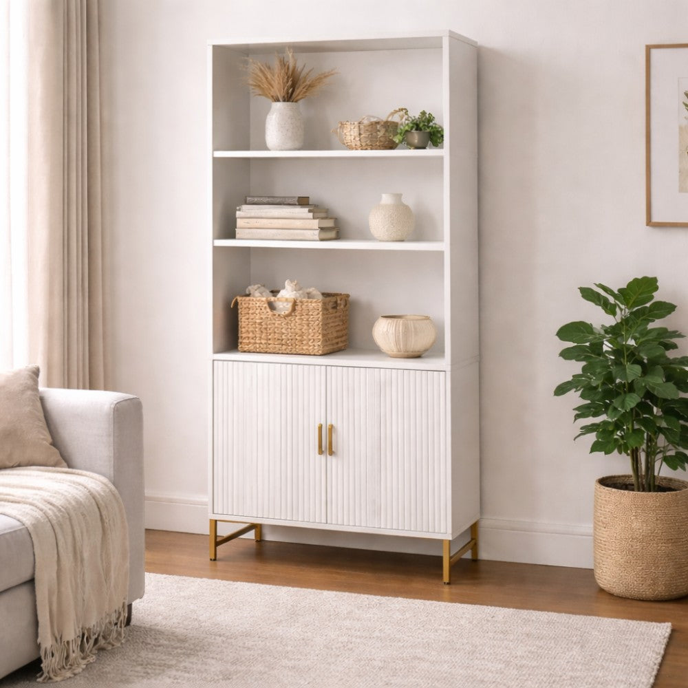 Modern White Storage Cabinet with Shelves – Living Room Bookcase with Cupboard