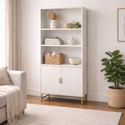 Modern White Storage Cabinet with Shelves – Living Room Bookcase with Cupboard