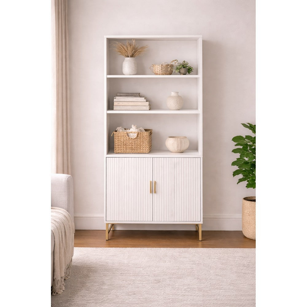 Modern White Storage Cabinet with Shelves – Living Room Bookcase with Cupboard