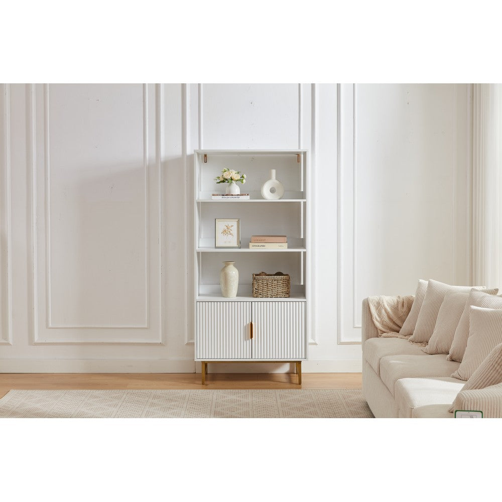 Modern White Storage Cabinet with Shelves – Living Room Bookcase with Cupboard