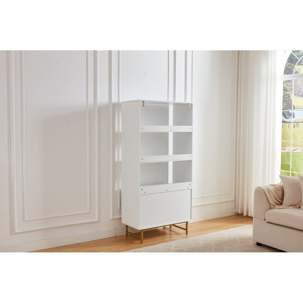 Modern White Storage Cabinet with Shelves – Living Room Bookcase with Cupboard
