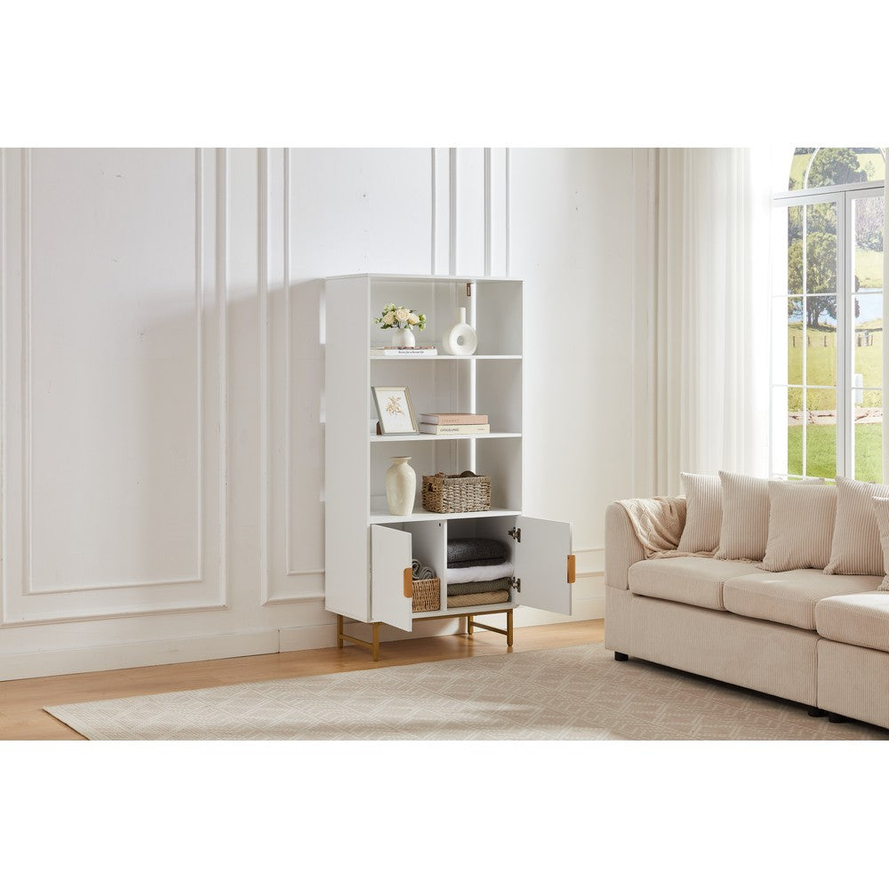 Modern White Storage Cabinet with Shelves – Living Room Bookcase with Cupboard