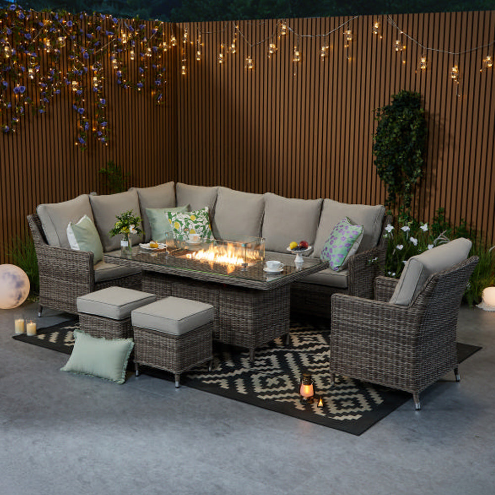 Hampton 9‑Seater Natural Rattan Corner Sofa Fire Pit Dining Set with Standard Rectangular Fire Pit Table, Armchair & Stools