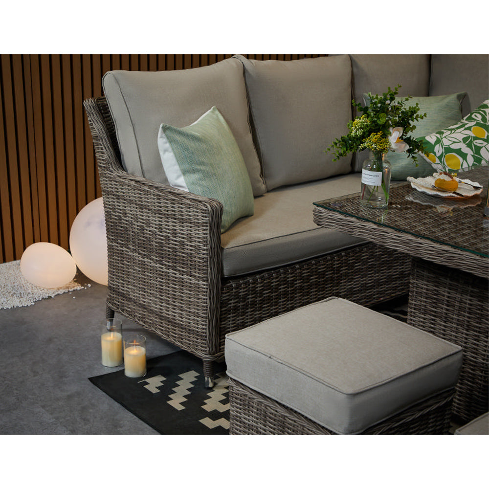 Hampton 9‑Seater Natural Rattan Corner Sofa Fire Pit Dining Set with Standard Rectangular Fire Pit Table, Armchair & Stools
