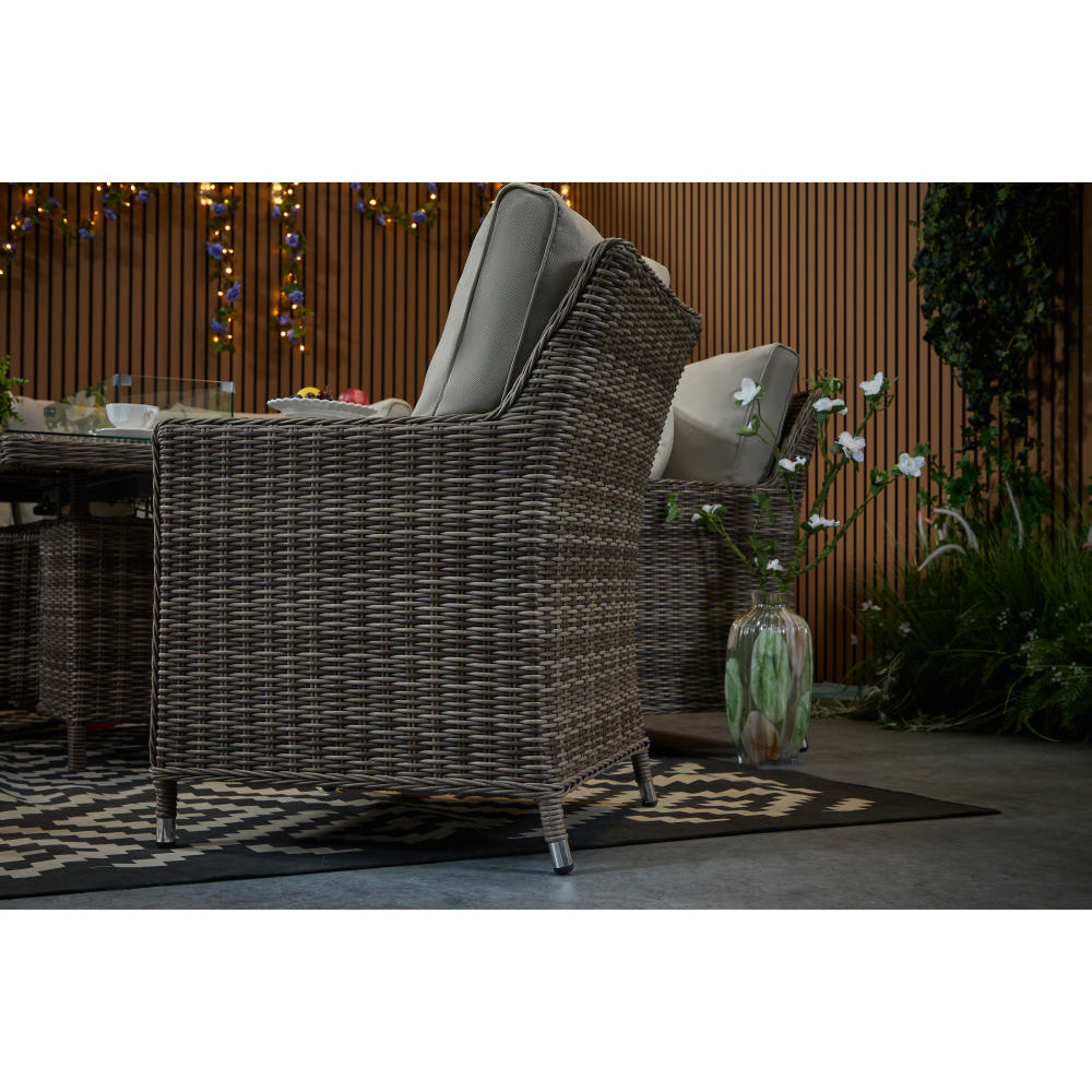 Hampton 9‑Seater Natural Rattan Corner Sofa Fire Pit Dining Set with Standard Rectangular Fire Pit Table, Armchair & Stools