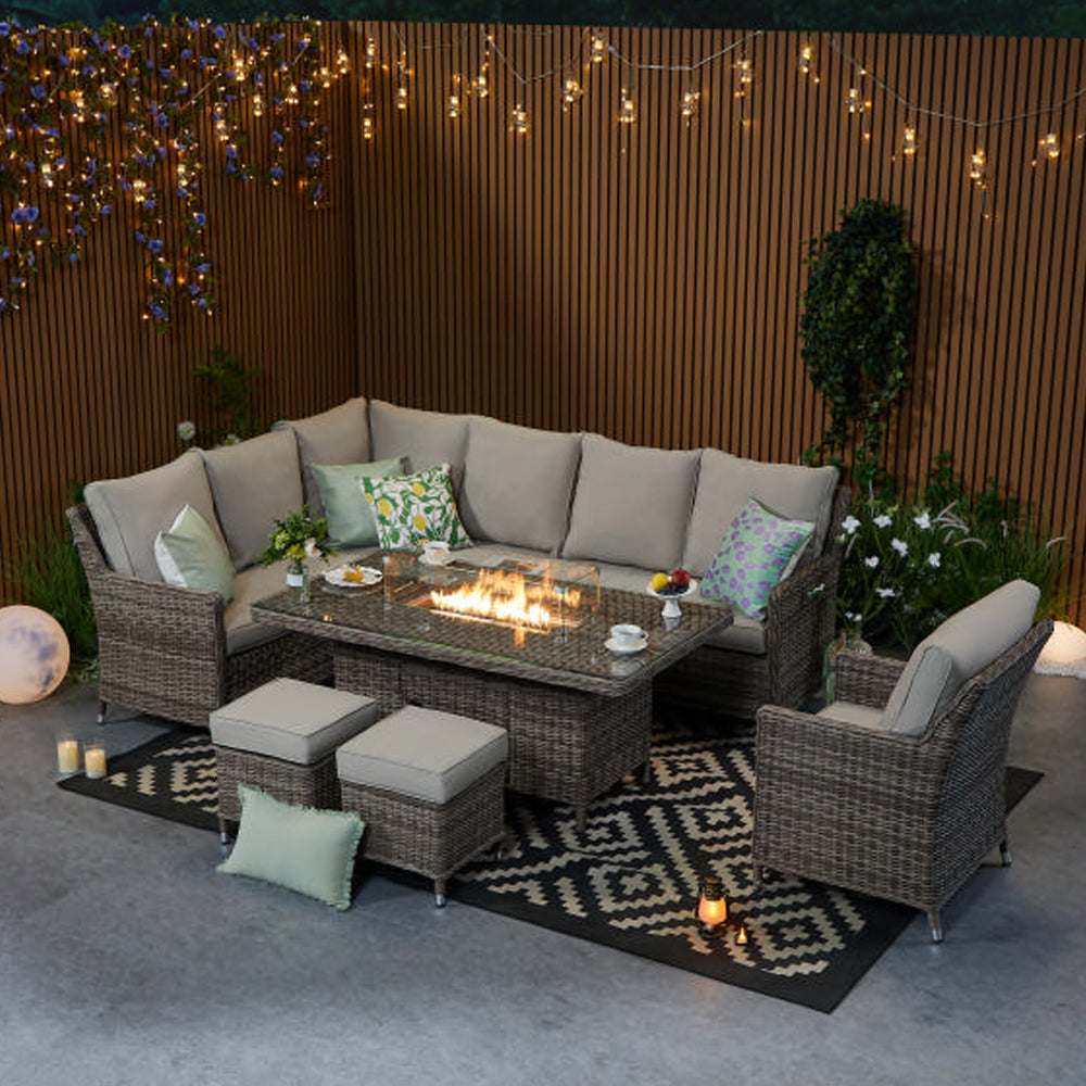 Hampton 9‑Seater Natural Rattan Corner Sofa Fire Pit Dining Set with Standard Rectangular Fire Pit Table, Armchair & Stools