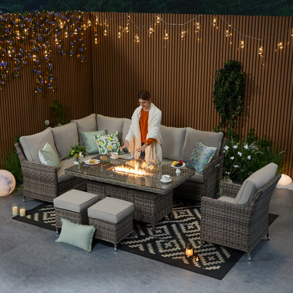 Hampton 9‑Seater Natural Rattan Corner Sofa Fire Pit Dining Set with Standard Rectangular Fire Pit Table, Armchair & Stools