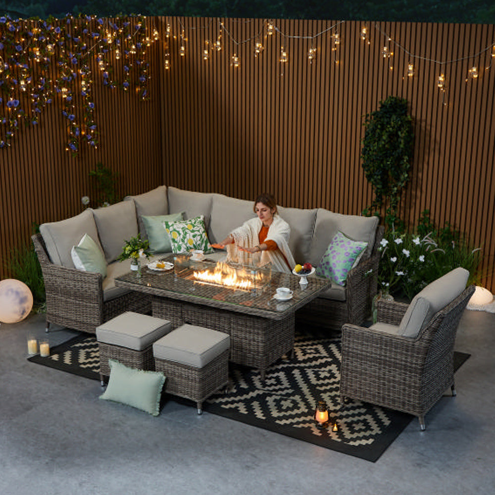 Hampton 9‑Seater Natural Rattan Corner Sofa Fire Pit Dining Set with Standard Rectangular Fire Pit Table, Armchair & Stools