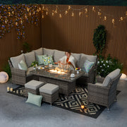 Hampton 9‑Seater Natural Rattan Corner Sofa Fire Pit Dining Set with Standard Rectangular Fire Pit Table, Armchair & Stools