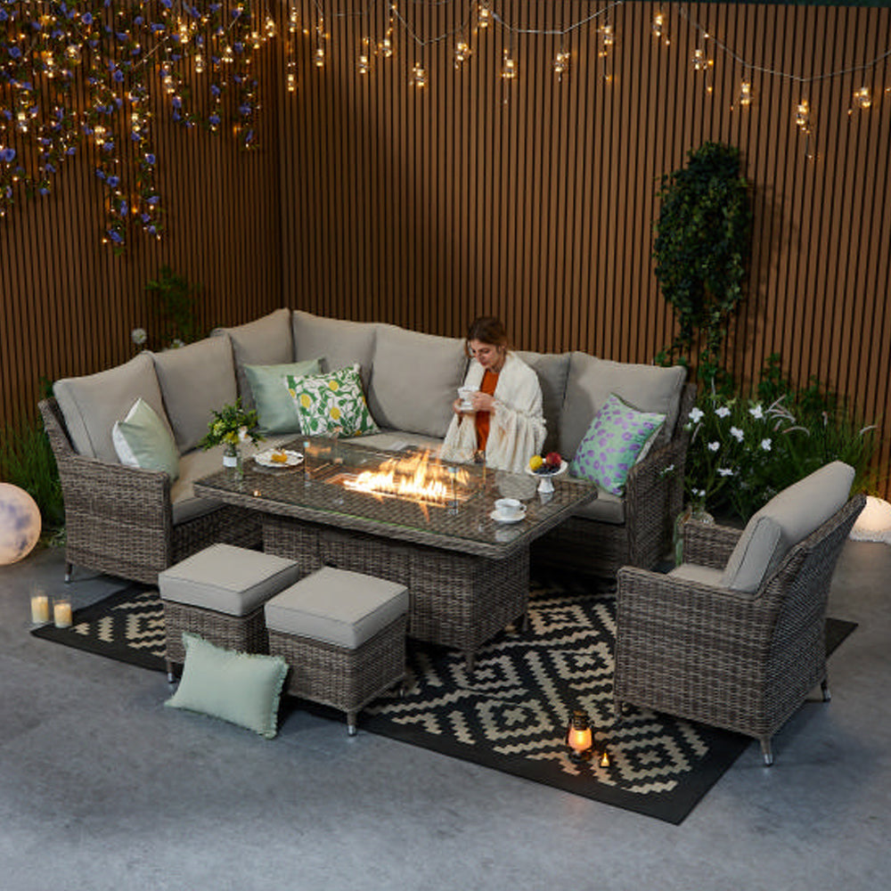 Hampton 9‑Seater Natural Rattan Corner Sofa Fire Pit Dining Set with Standard Rectangular Fire Pit Table, Armchair & Stools