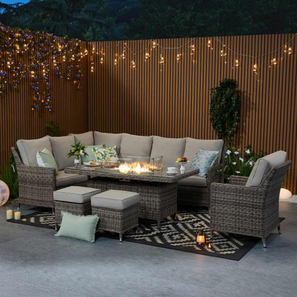 Hampton 9‑Seater Natural Rattan Corner Sofa Fire Pit Dining Set with Standard Rectangular Fire Pit Table, Armchair & Stools