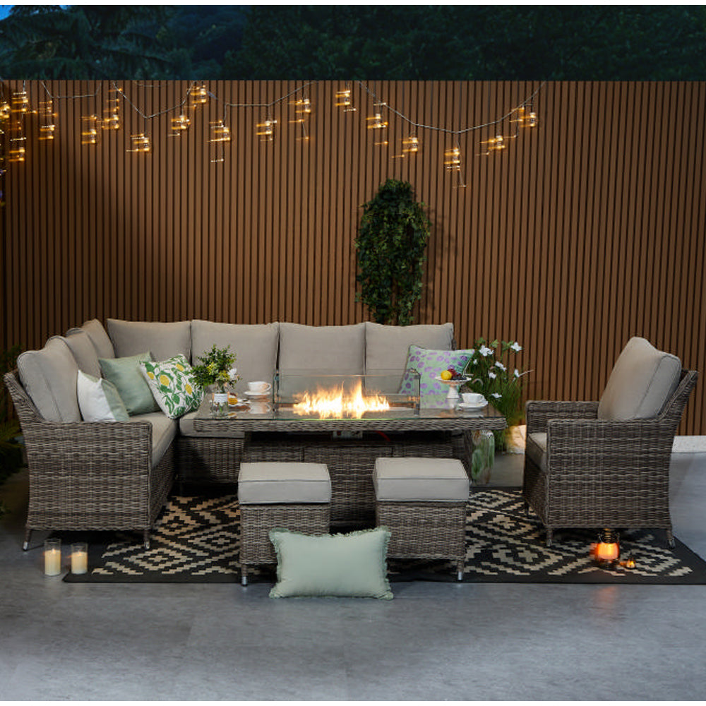 Hampton 9‑Seater Natural Rattan Corner Sofa Fire Pit Dining Set with Standard Rectangular Fire Pit Table, Armchair & Stools