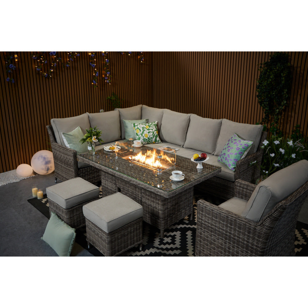 Hampton 9‑Seater Natural Rattan Corner Sofa Fire Pit Dining Set with Standard Rectangular Fire Pit Table, Armchair & Stools