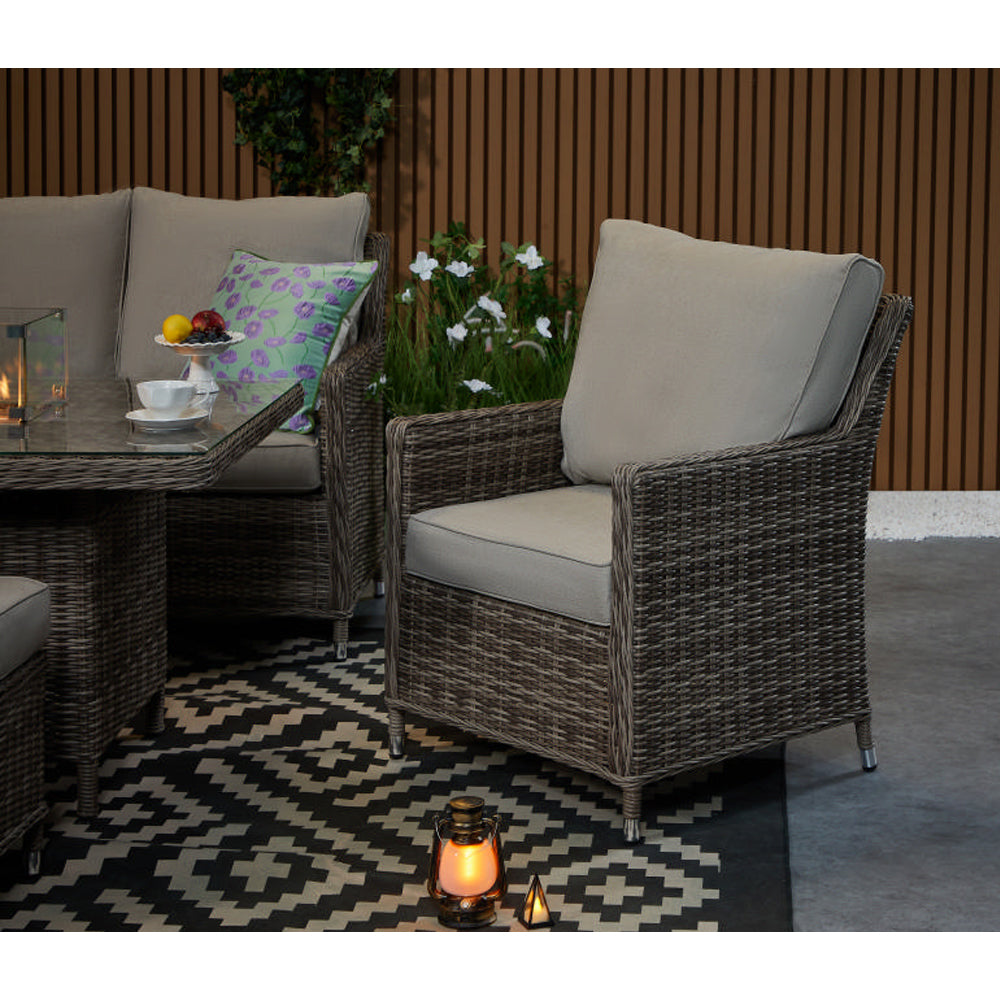 Hampton 9‑Seater Natural Rattan Corner Sofa Fire Pit Dining Set with Standard Rectangular Fire Pit Table, Armchair & Stools