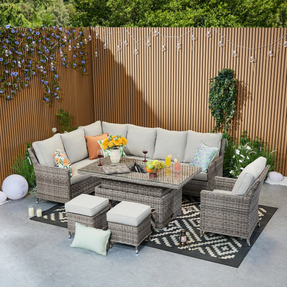 Hampton 9‑Seater Natural Round Weave Rattan Corner Sofa Rectangular Rising Table Dining Set with Ice Bucket