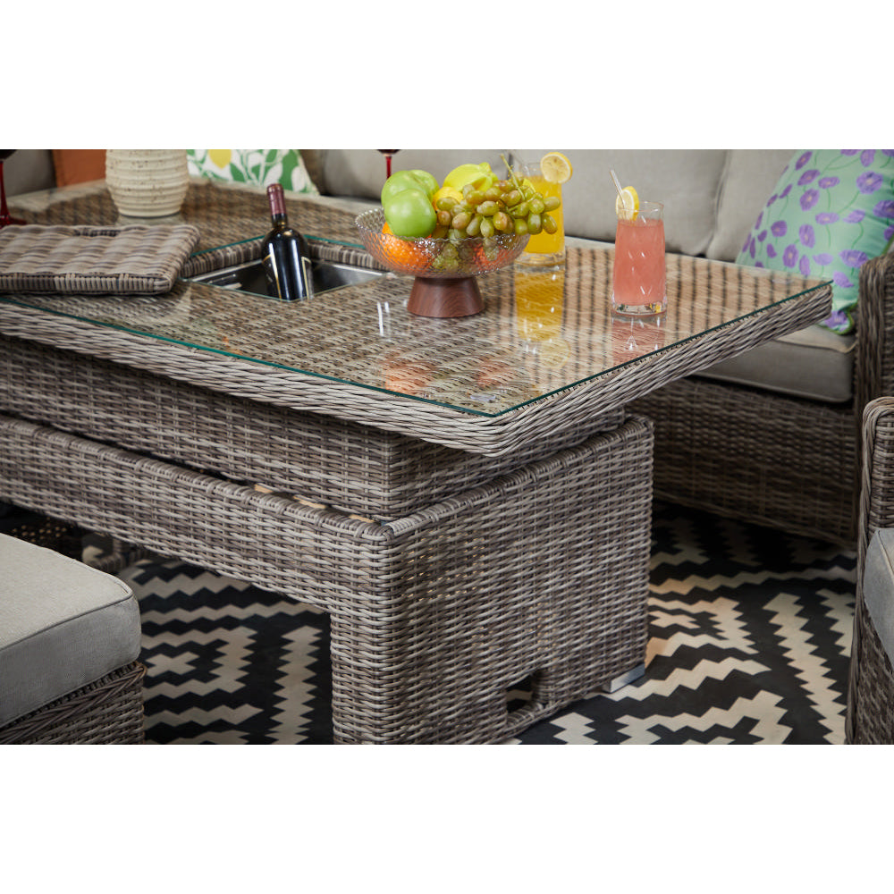 Hampton 9‑Seater Natural Round Weave Rattan Corner Sofa Rectangular Rising Table Dining Set with Ice Bucket
