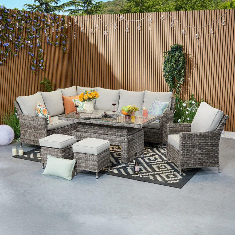 Hampton 9‑Seater Natural Round Weave Rattan Corner Sofa Rectangular Rising Table Dining Set with Ice Bucket