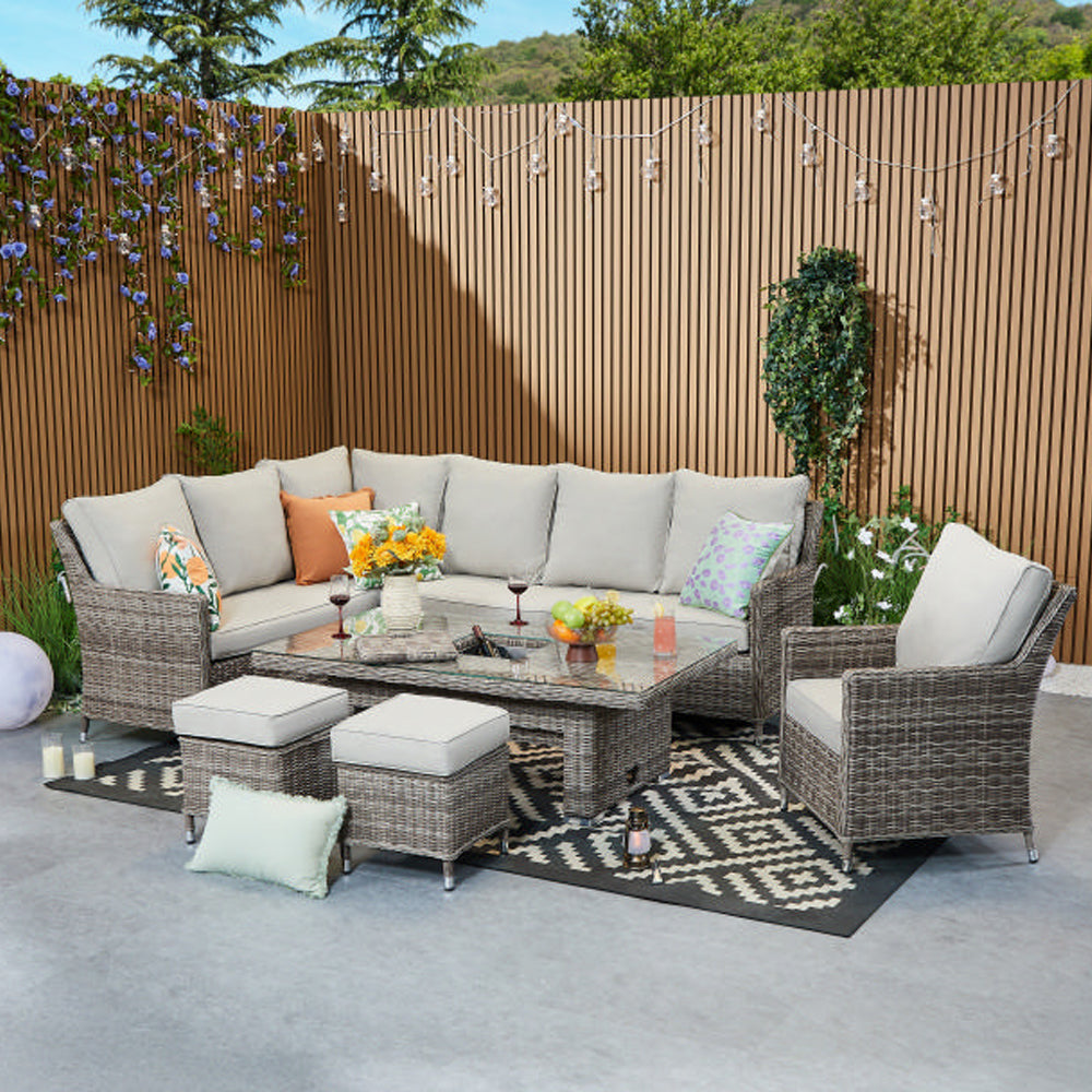 Hampton 9‑Seater Natural Round Weave Rattan Corner Sofa Rectangular Rising Table Dining Set with Ice Bucket